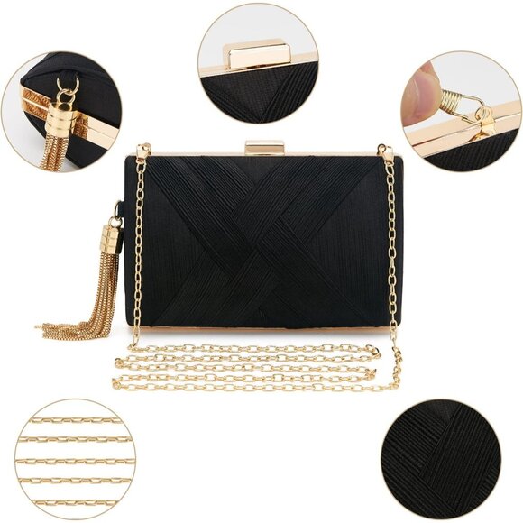 🆕Women Black Silk Clutch Bag Evening Handbag, Fringed Wedding Party Crossbody - Picture 2 of 5